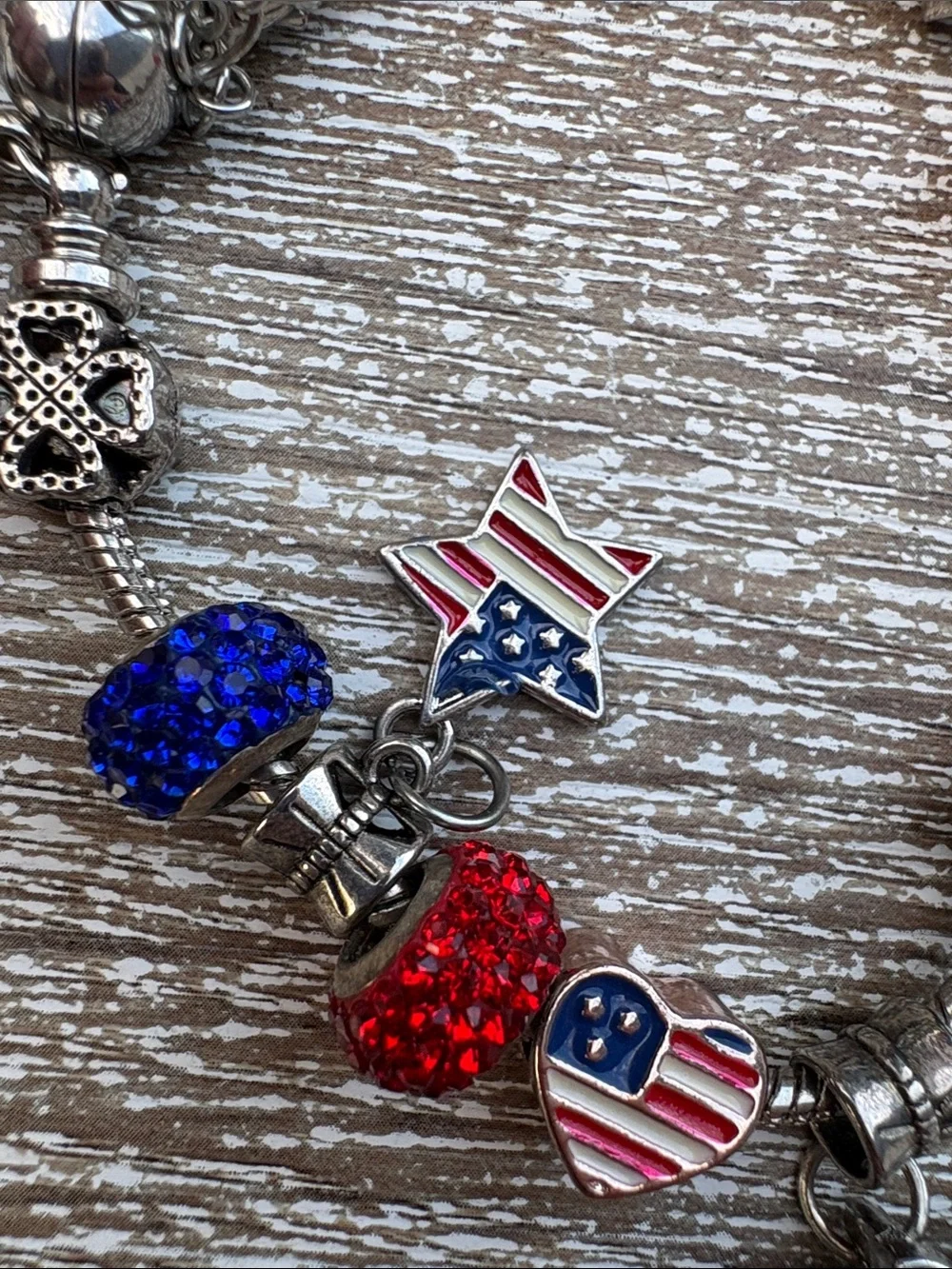 Silver-Tone Patriotic Charm Bracelet strada Watch with Red & Blue Accents